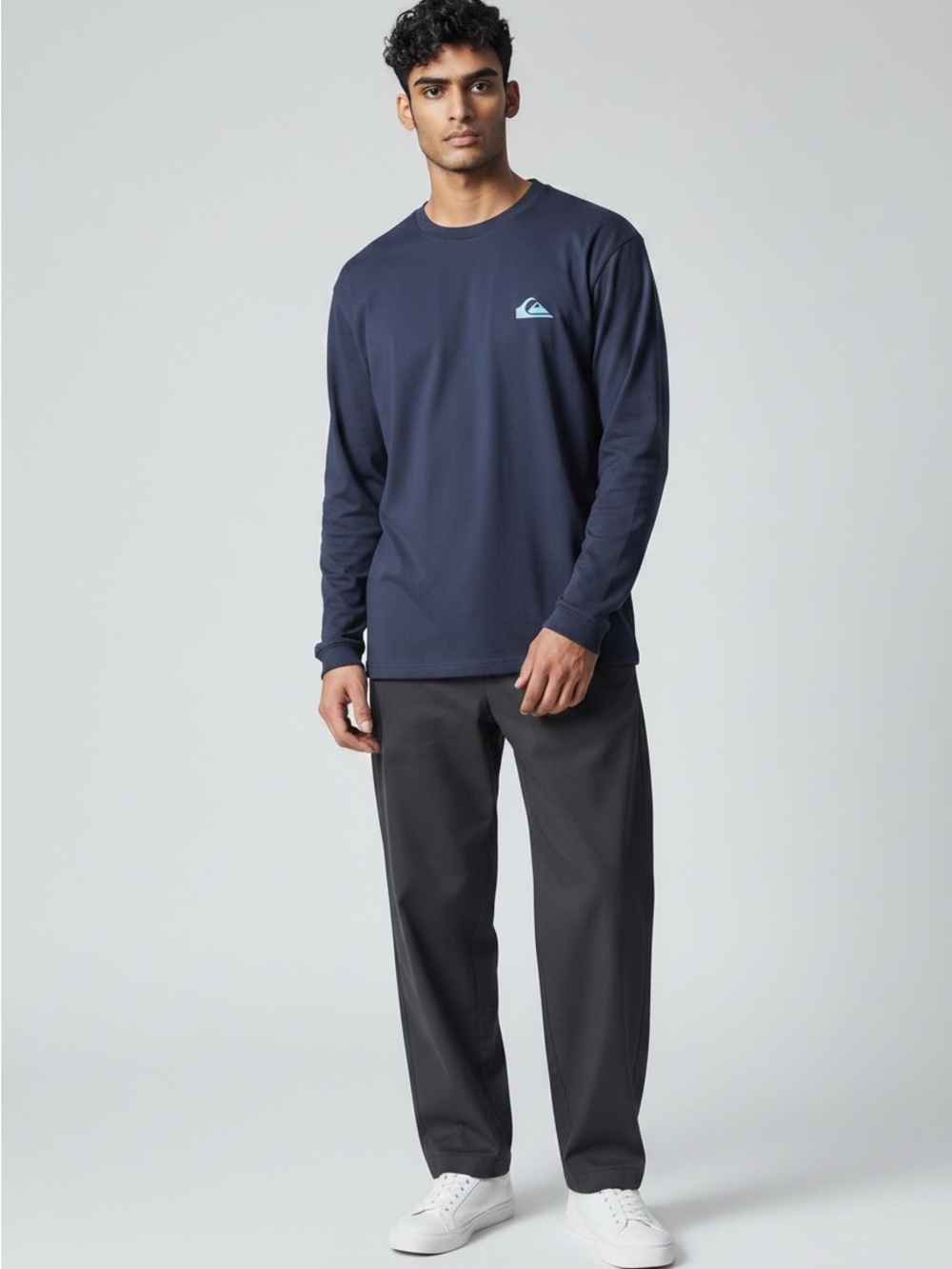 Quiksilver Long Sleeve Crew Tee in Navy with Light Blue Logo